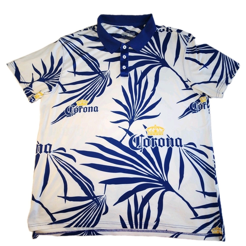 CORONA Polo Shirt Mens 2XL White Blue Hawaiian All-Over Graphic‎ Print Tropical